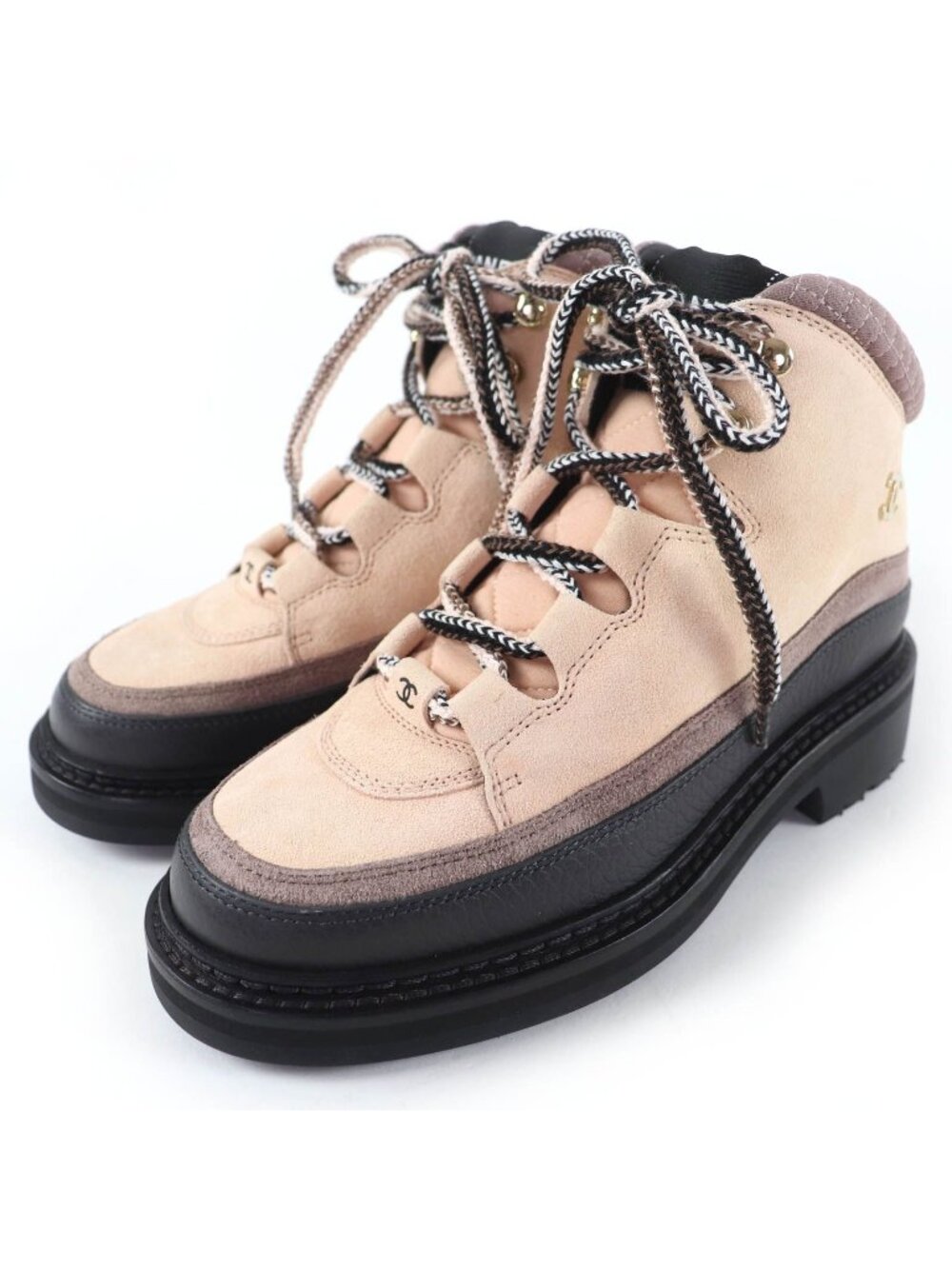 Chanel CC Logo Lace Up Suede Leather High Cut Sneakers Trekking Boots Pink - Picture 1 of 13